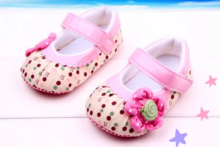 2015 Sweet Candy Pink Dots Cotton Baby Girl Flower Shoes Soft Sole Prewalker For New Born Baby Girls Toddler Girls Crib Shoe