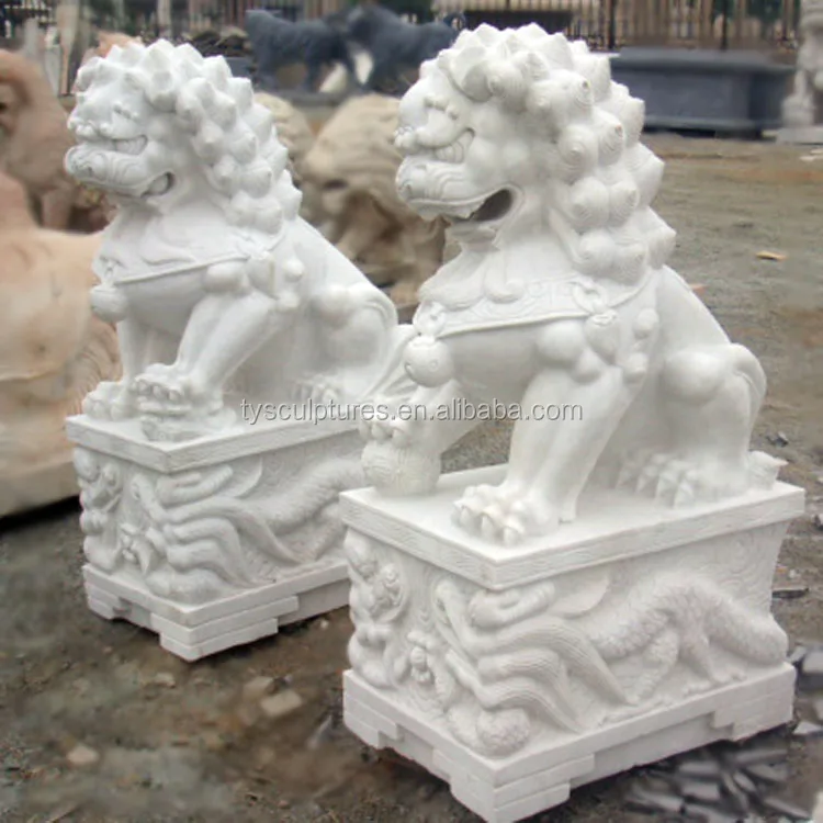 Style chinois marbre blanc pierre foo dog lions statue pour la décoration de parc de jardin