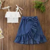 AliExpress children clothing 19 summer new girls ins tie hollowed out irregular skirt two-piece kids clothes set