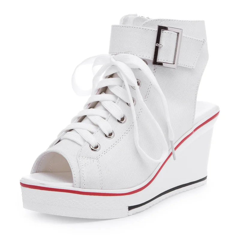 2015 New High-top Fish head Wedges Hollow platform Lace women Summer shoes fashion canvas sandals shoes plus size 35-42