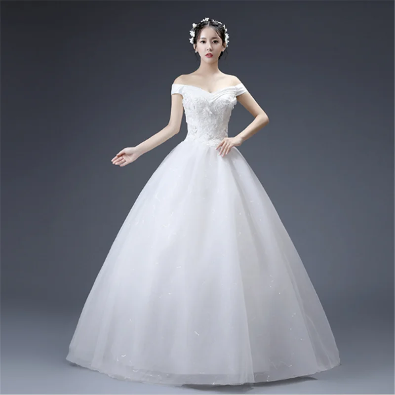 2019 корейская мода с плеча элегантные дамы кружево до макси длиной до пола сексуальное Белое Свадебное бальное платье свадебное платье