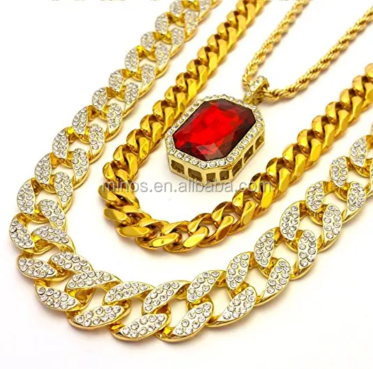 Nuevo diseño de moda oro enlace cubano de diamantes oro Miami cubano enlace rojo rubí cadena