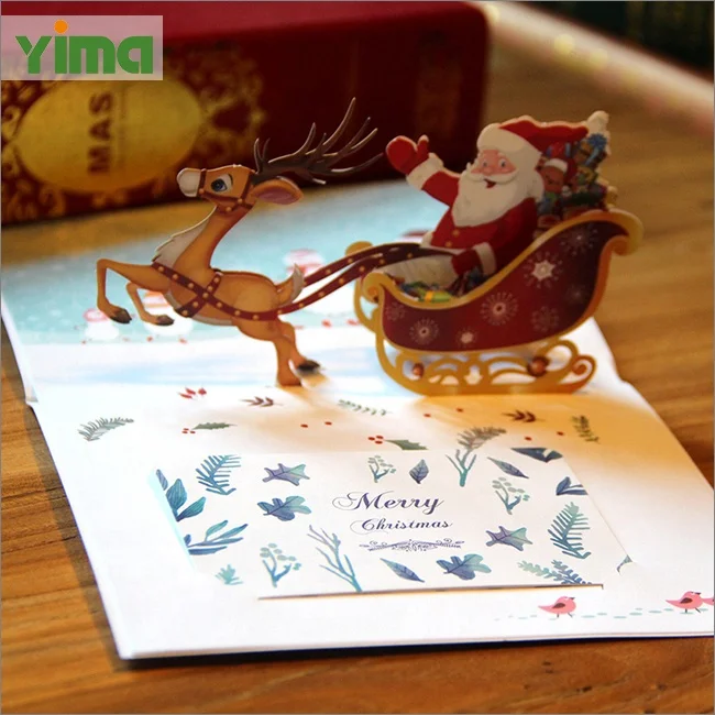 Сделать 3d pop up цветной печати Санта-Клаус оленей Рождество открытка