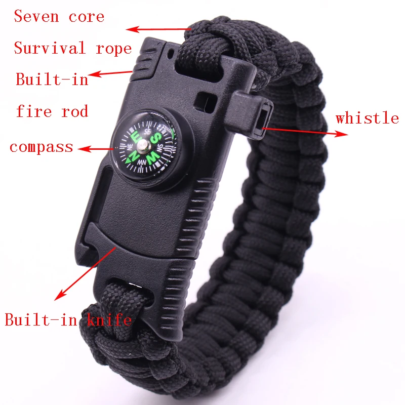 Rescue Paracord Survival Bracelet Inside Flint Fire Starter Compass Survival Bracelet