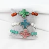 8mm Coral, white turquoise, jade gemstone beads bracelet with cross shaped druzy agate geode charm bracelet