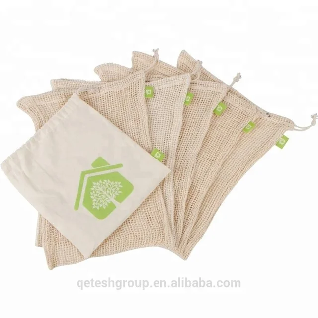 qetesh reusable cotton produce drawstring mesh bag with custom