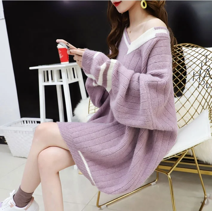 2020 autumn new Korean version of the loose knee women's sweater in the long paragraph fresh V-neck pullover dress
2020 autumn new Korean version of the loose knee women's sweater in the long paragraph fresh V-neck pullover dress