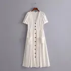 Summer Loose Short Sleeve V Neck Linen Casual White Cotton Dress