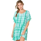 Pom Pom Trim Tie Dye Print Beach Cover Up kaftan beachwear women