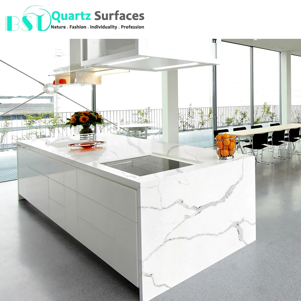 Kitchen Artificial Quartz Marble Granite Stone Carrara White Calacatta Vanity Quartz Countertop with Grey Veins