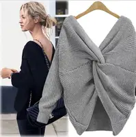 

2019 New 11 colors V Neck Twisted Back Sweater Women Jumpers Pullovers Long Sleeve Knitted pull femme Sweater