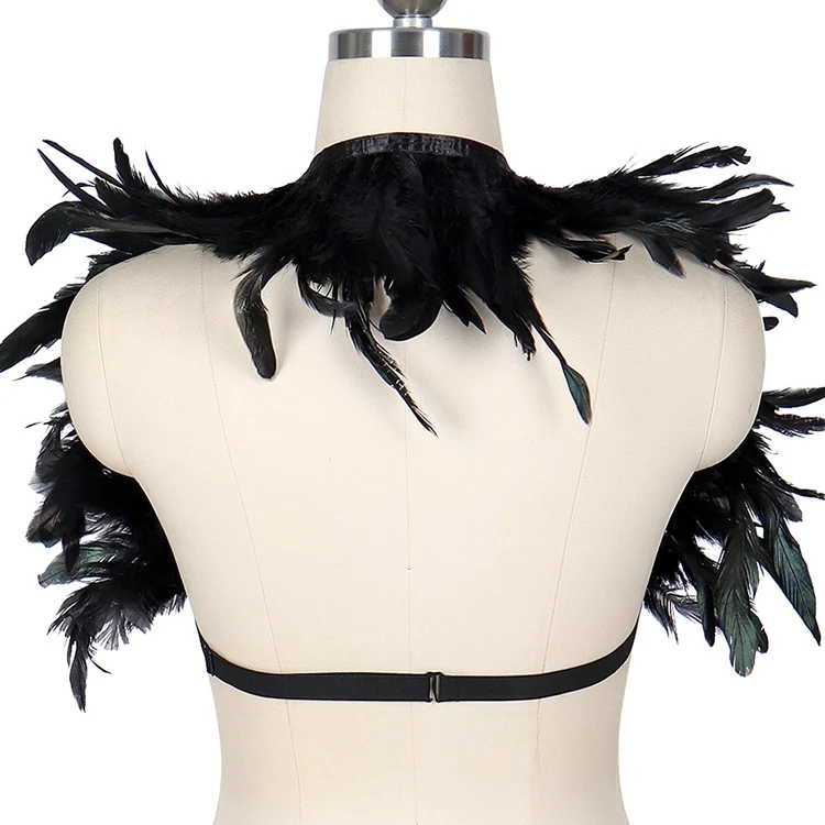 Black Lingerie Feathers Shawl Shoulder Belts Sexy Strappy Tops Plus