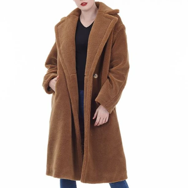 

Fashion Camel faux teddy fur overcoat drop-shoulder long women coat for winter