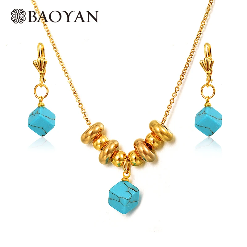 

BAOYAN Dubai 18K Gold Stainless Steel Jewelry Sets Women Natural Blue Turquoise Howlite Stone Jewelry Set