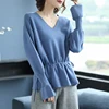 elegant women v-neck lace up long sleeve classic knitwear lady office casual pullovers slim fit french style winter jumpers