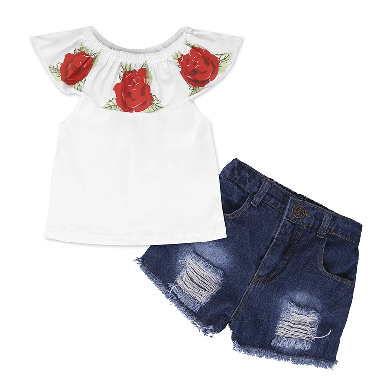 children clothes girls Off Shoulder rose tops + denim shorts 2pcs girls' clothing sets fashion girls boutique clothing, As picture
children clothes girls Off Shoulder rose tops + denim shorts 2pcs girls' clothing sets fashion girls boutique clothing, As picture