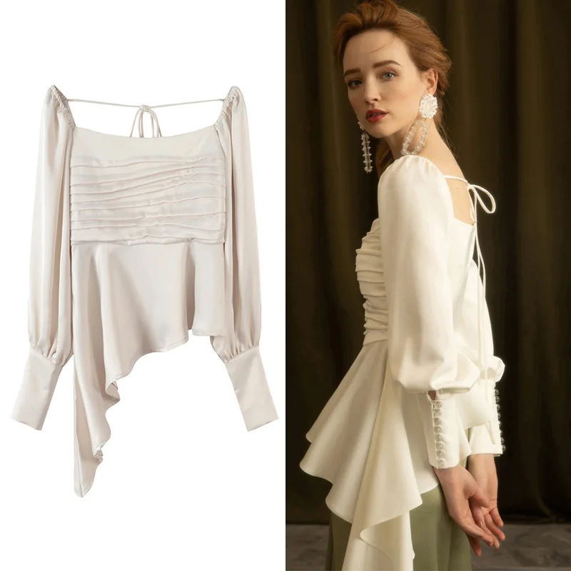 2019S pring Summer tops slash neck off shoulder sexy long sleeves satin french blouse tops irregular hems, Picture
2019S pring Summer tops slash neck off shoulder sexy long sleeves satin french blouse tops irregular hems, Picture