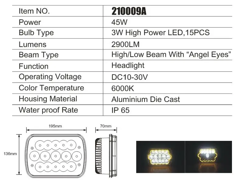7 Inch Square LED Headlight for Trucks 45W 6000K 3W High Power Angel Eyes LED 15Leds 2900LM 12V IP65 High Low Beam