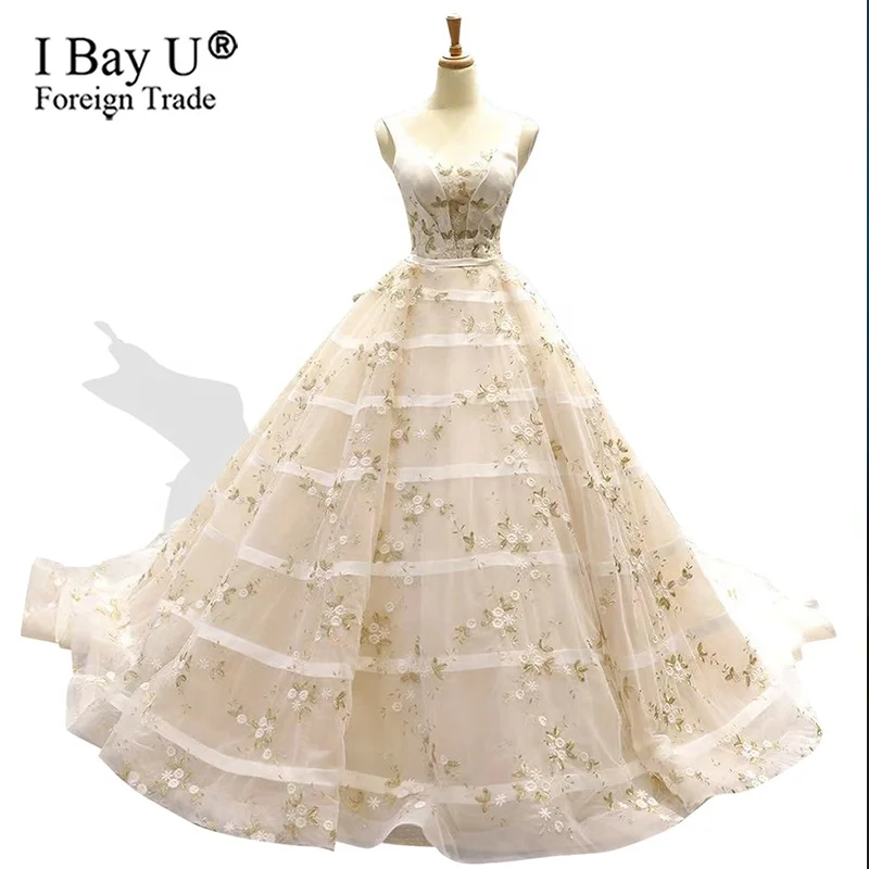 Golden Lace Wedding Dress Bridal Sleeveless V Neck