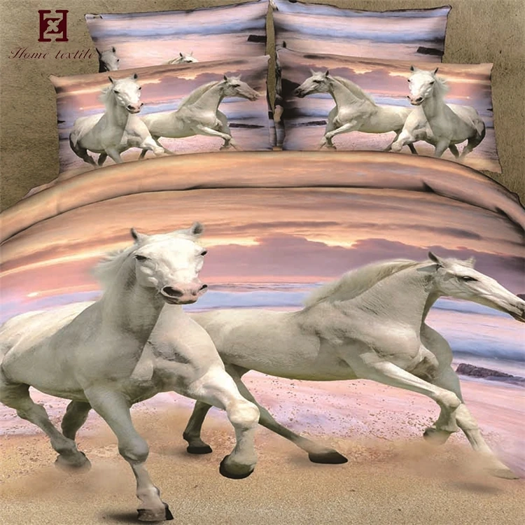 Atacado cavalo branco 3D impresso 100% algodão ponto cruz conjuntos de folhas de cama capa de edredão