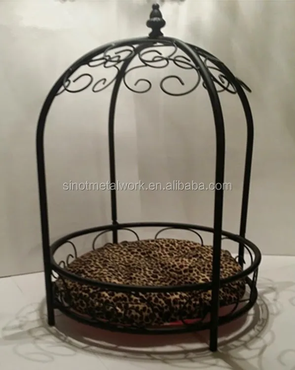 Luxury iron pet dog bed canopy round pet bed with leopard mattress