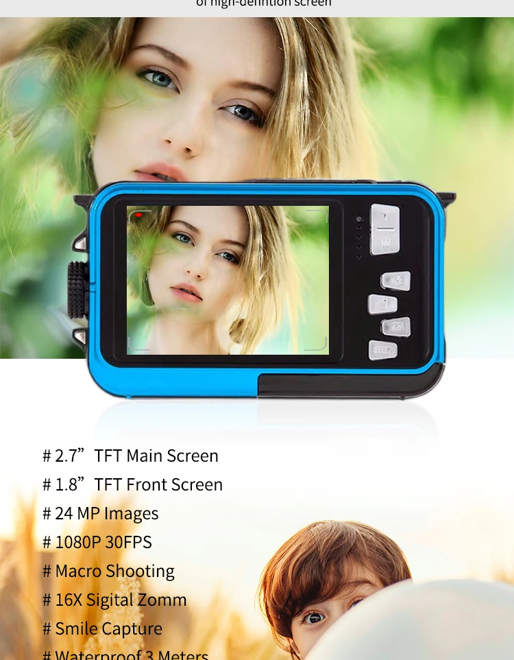 Underwater Digital Camera Full HD Dual Screen Action Camera Video Recorder Selfie Camera