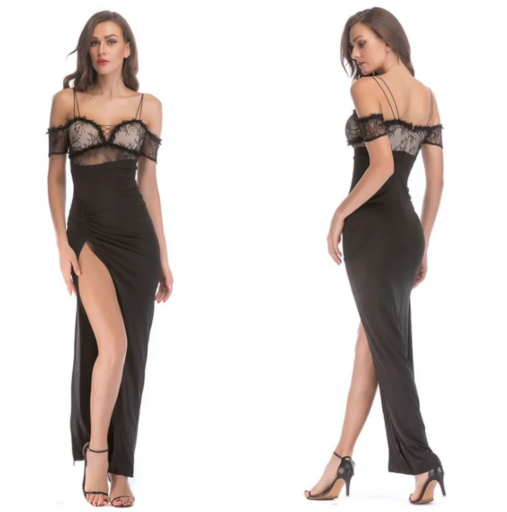 Черное Платье Коктейльное Макси-юбка сбоку сзади vent сексуальное кружевное с открытыми плечами дизайн OEM сервис модное женское платье