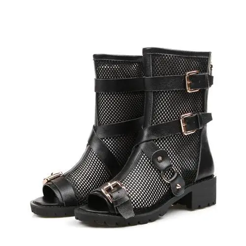 Plus size lady shoes Full Grain Leather Peep Toe Square heel Fashion Boots Patent Leather women shoes FREE SHIPPING