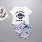 2019 summer new fashion girls O-collar short sleeve sequins cartoon t shirt + jeans pants kids wholesale set clothing