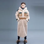 ladies winter 100% wool sheep fur dark blue coat faux fur curly shearling hair long coat FR011