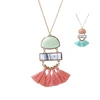 High Quality Costume Gold Plated Domed & Rectangle Shaped Alloy Tassel Pendant Necklace with Milky and Swirl Resin Stones