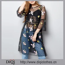 Wholesale New Fashion Sexy See Through Summer Black Stud Floral Embroidered Mesh Dresses