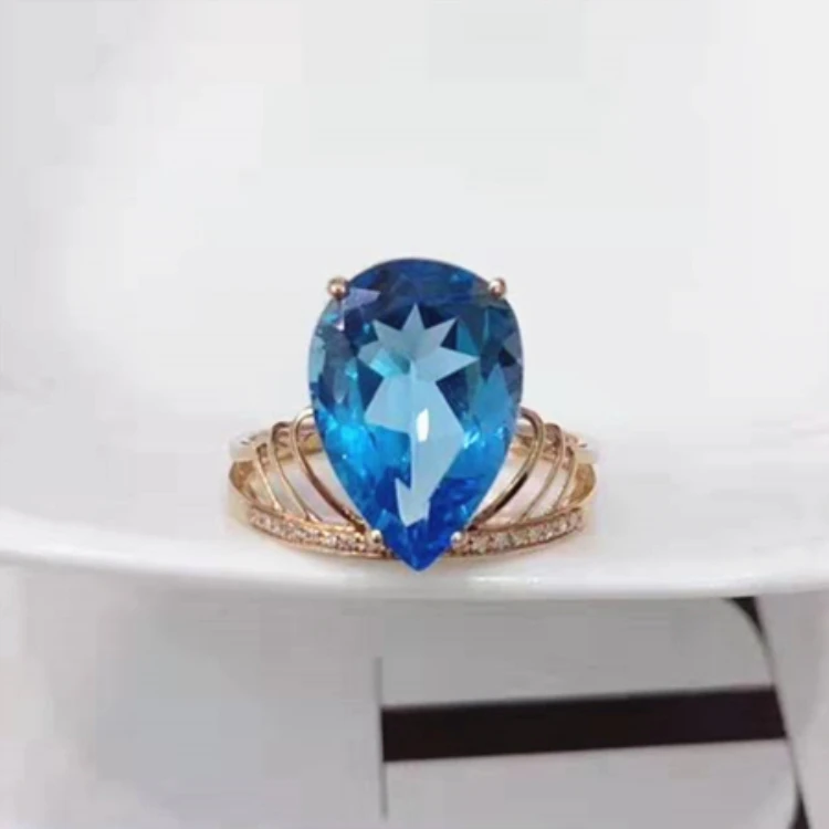 Trendy Wedding Ring Crown Ring Delicate Jewelry 18k Gold Gemstone 10x14mm Natural Blue Topaz Ring
Trendy Wedding Ring Crown Ring Delicate Jewelry 18k Gold Gemstone 10x14mm Natural Blue Topaz Ring