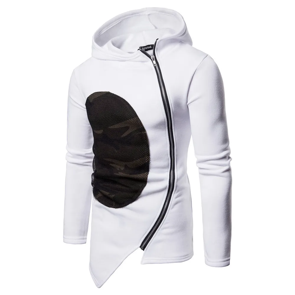 

Wholesale Oblique Zippers Camouflage Stitching Slim Fit Hoodie For Men, Black/white/gray