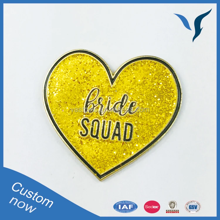 custom hard enamel heart shape yellow glitter lapel pin gold