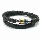 Unisex Black Leather Magnetic Braided Lgbt Rainbow Gay Pride Bangle Bracelet
