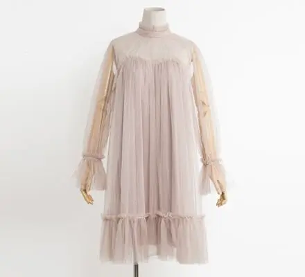 Autumn Graceful Aesthetic Loose Mesh Sweet Dress Mock Neck Collar Stringy Selvedge Slim Pleated Lace Solid Princess Doll Dress2