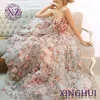 Hot sale 3d flower 100 poly organza floral embroidered tulle fabric lace for dress