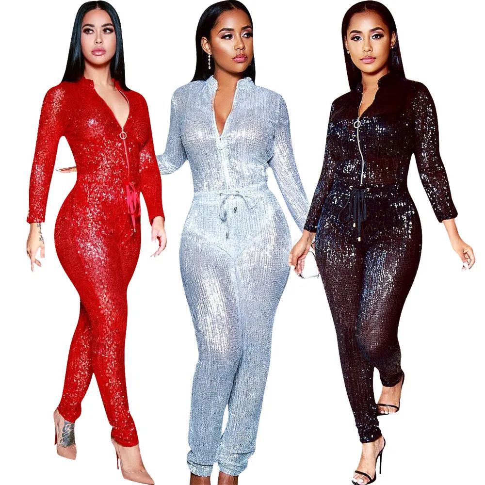 M9941 Sexy lady romper jumpsuit women club bandage bodycon sequin jumpsuit, N/a