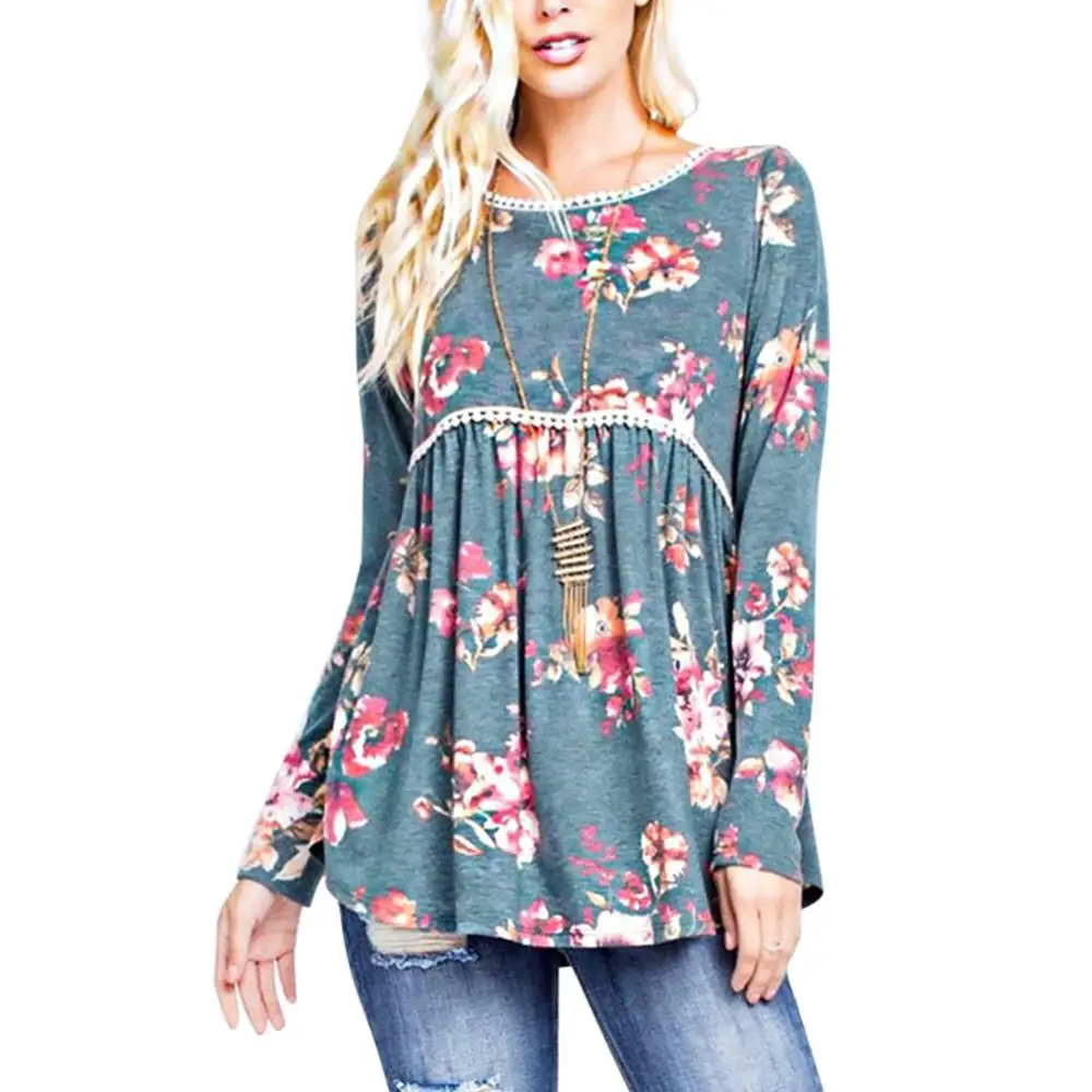 Wholesale Blue Round Neck Babydoll Tops Long Sleeve Blouse