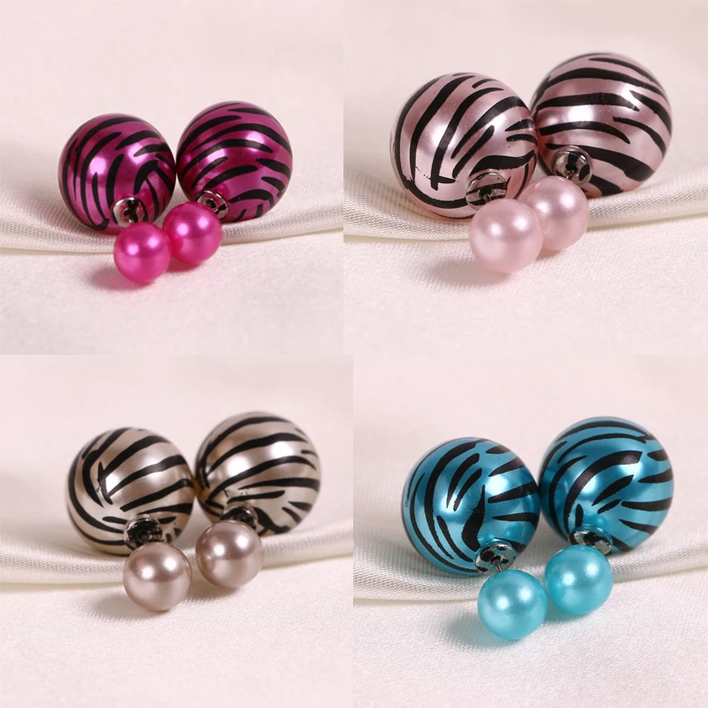 New 2015 Elegant Korea Fashion Zebra Stripe & Printing Double Side Pearl Ear Stud Earrings for women