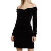2018 New Customized Ladies Dress Velvet Strapless Button Long Sleeve Backless sexy Party Pencil Women Mini Black Dress