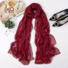 Wholesale Chain Embellishments Pure Silk Plain Dyed Red Long Shawl Women Hijab Muslim Chiffon