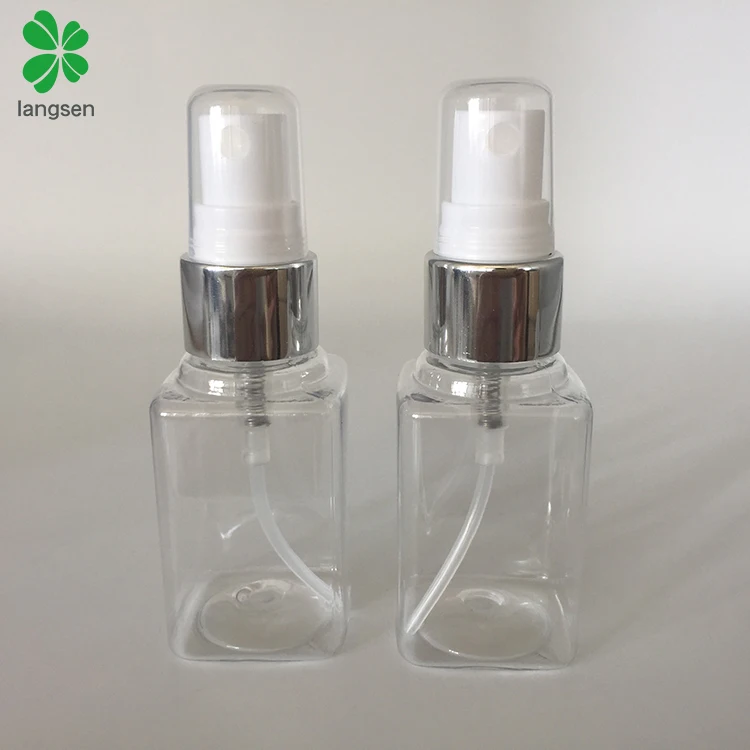 Refillable transparent plastic PET 40ml square perfume spray bottle with silver spray cover cap