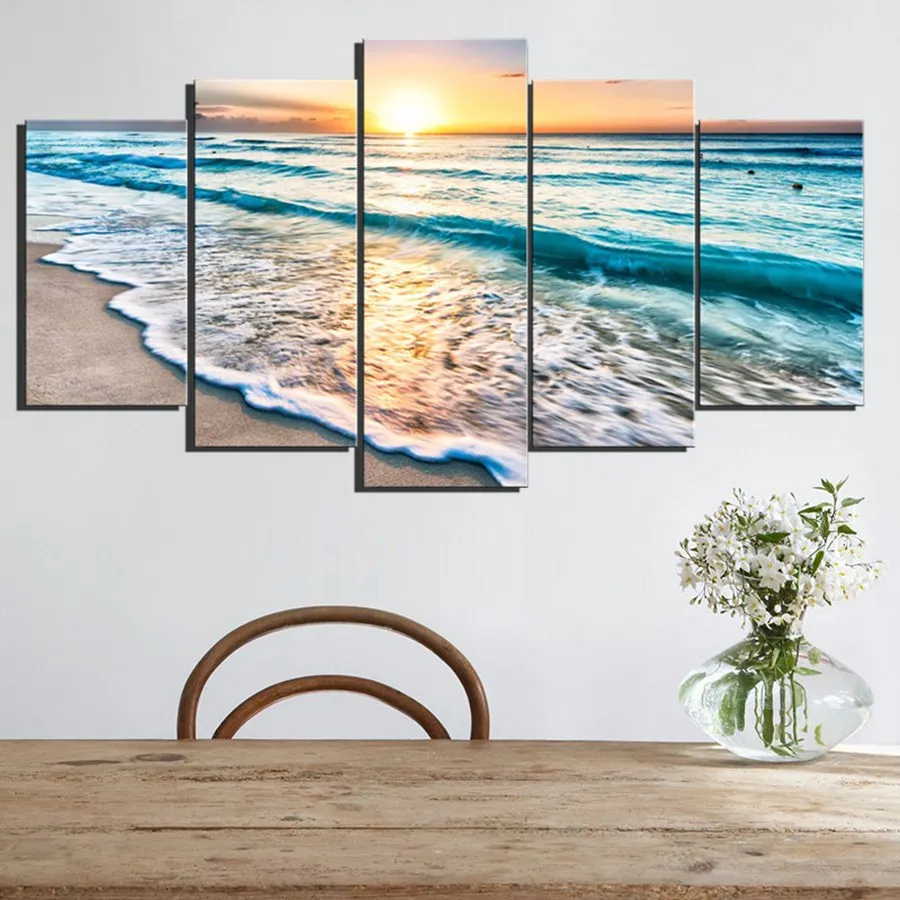 5-Panels-Wall-Art-Sunset-Beach-Canvas-Prints-Sea-Wave-Seascape-Pictures-Ocean-Art-Painting-Canvas