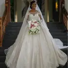 Vintage Appliques Ball Gown Long Sleeve Wedding Dress With Long Tail
