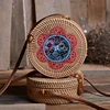 Wholesale custom vintage printing round rattan bucket indonesia small woven cross-body straw ladies hand bags