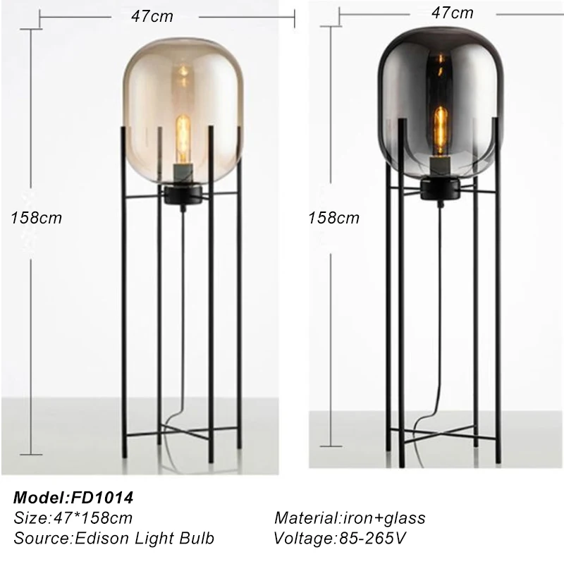 Modern Glass Floor Lamp Industrial Wind Metal Retro for Bedroom and Coffee House Energy Saving Uplight