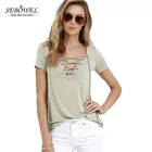 Wholesale Women's Summer Sexy Khaki Deep V Neck Lace Up Cross Short Sleeve Solid T Shirt Women