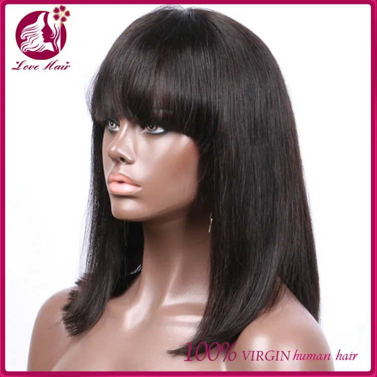100 Human Lace Front Indian Remy Women Hair Bob Wig With Bang For